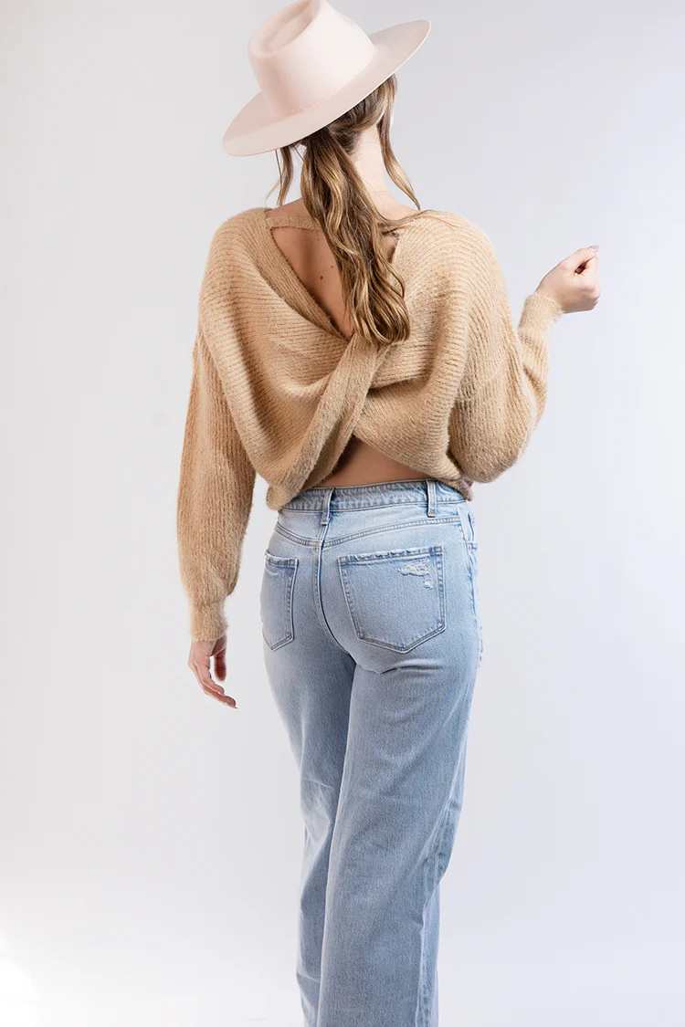 Oversized Fuzzy Sweater With Back Twist Detail - Tan - Image 7