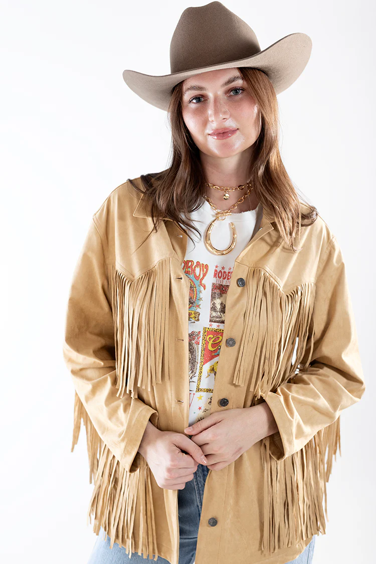 Oversized Suede Fringe Jacket - Camel - Image 2