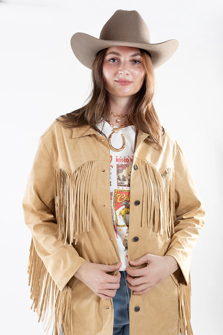 Oversized Suede Fringe Jacket - Camel - Image 3