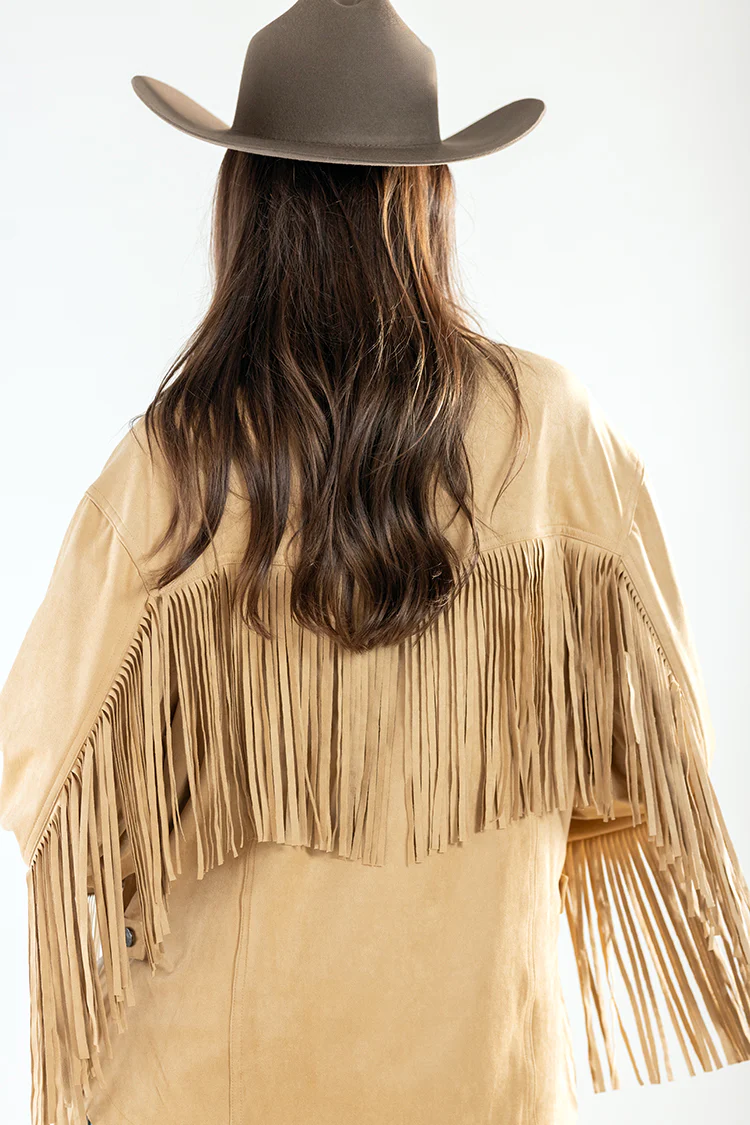 Oversized Suede Fringe Jacket - Camel - Image 6
