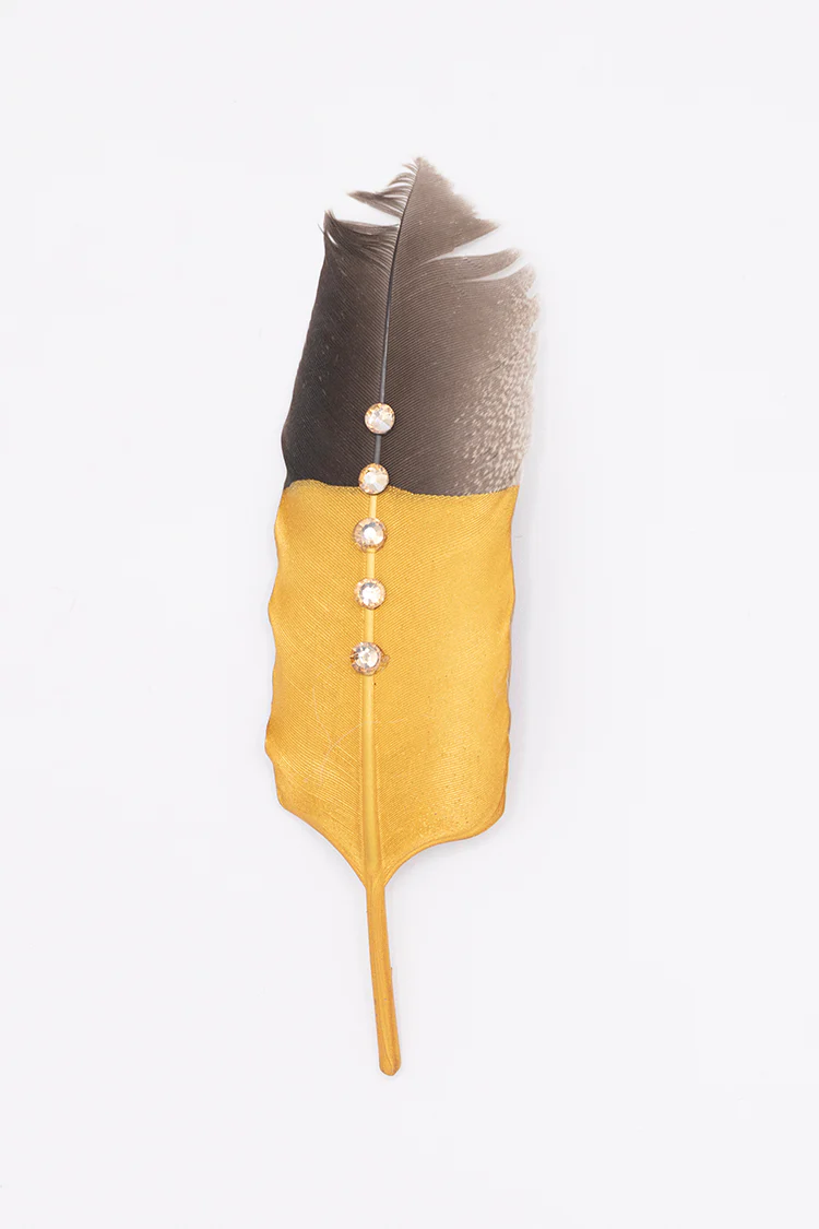 Painted Bling Studded Hat Feather - Gold - Image 3