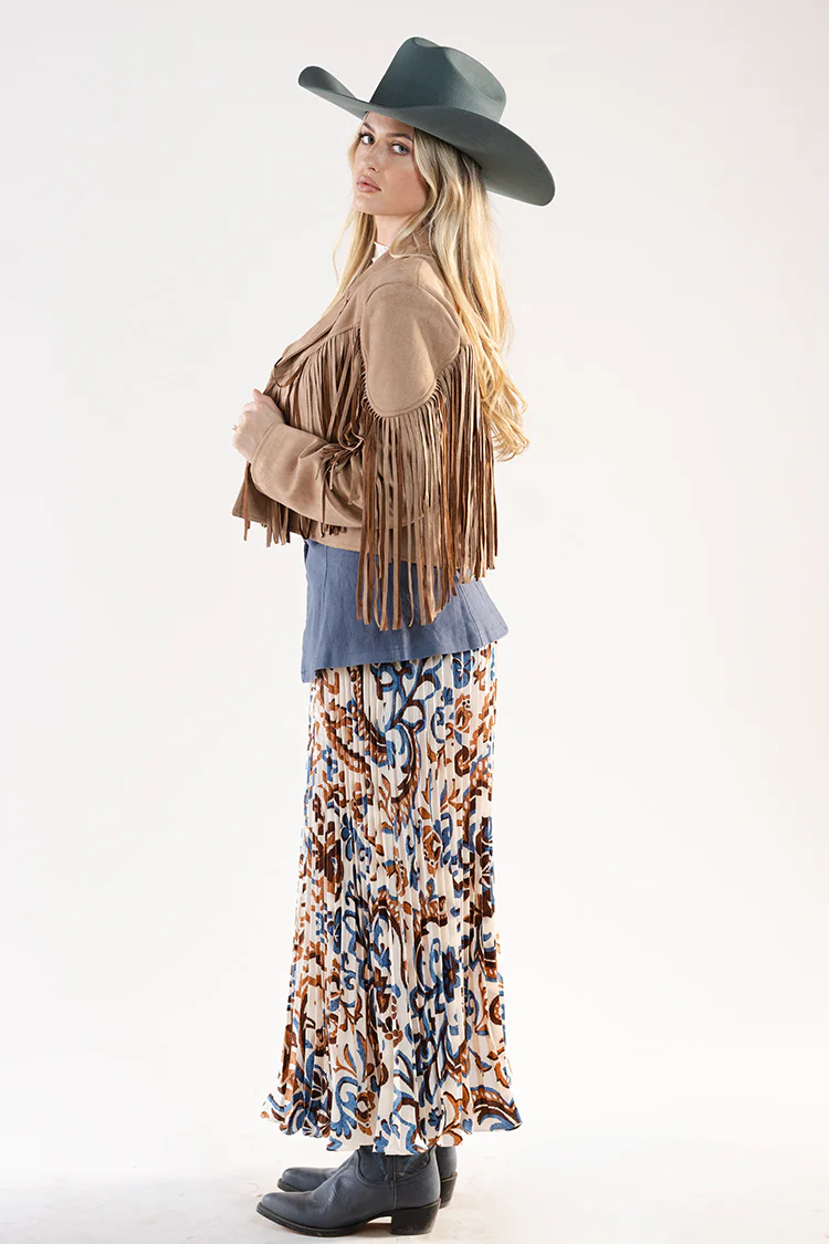 Printed Pleated Midi Skirt - Brown/Blue - Image 5