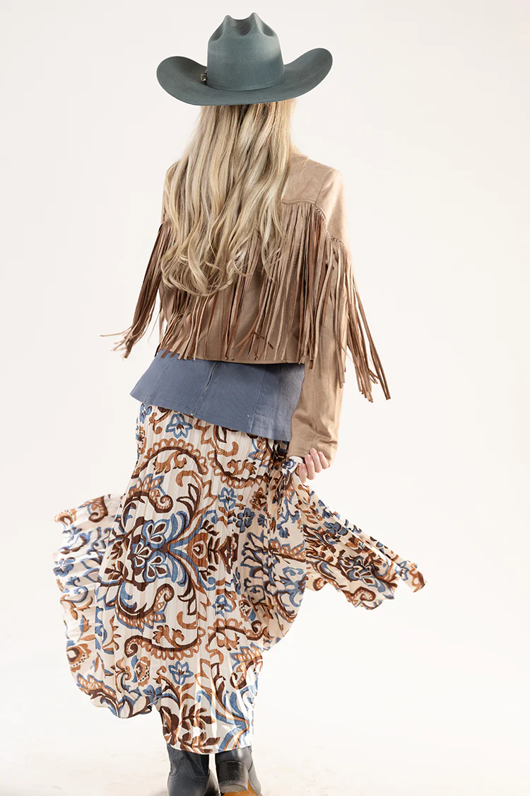 Printed Pleated Midi Skirt - Brown/Blue - Image 8