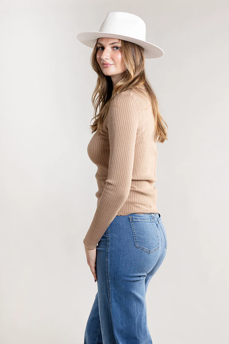 Ribbed Long Sleeve Knit Sweater - Camel - Image 3