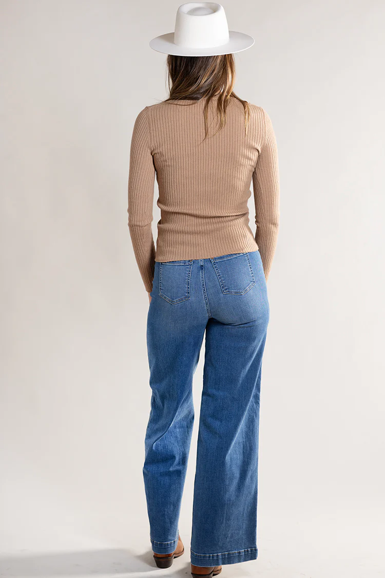 Ribbed Long Sleeve Knit Sweater - Camel - Image 4