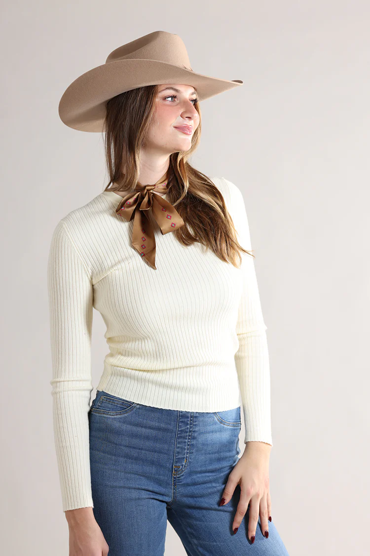 Ribbed Long Sleeve Knit Sweater - Cream