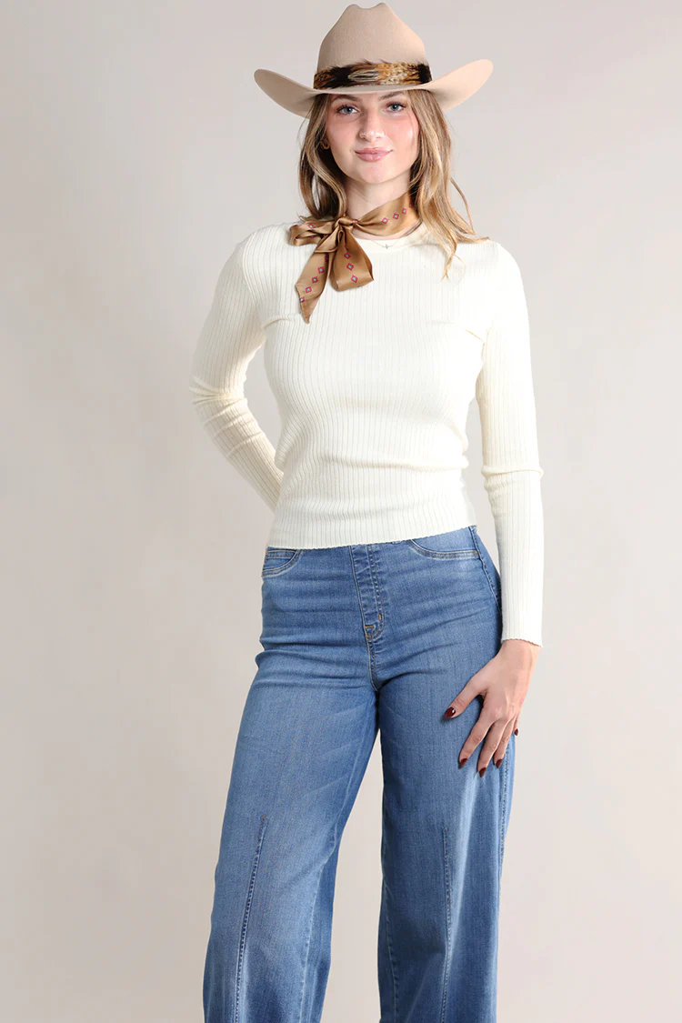 Ribbed Long Sleeve Knit Sweater - Cream - Image 4