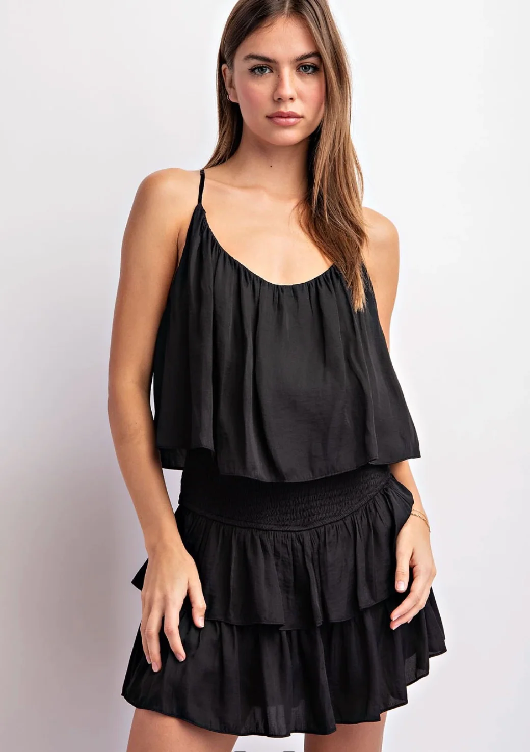 Ruffle Mini Dress with Smocked Waist - Black