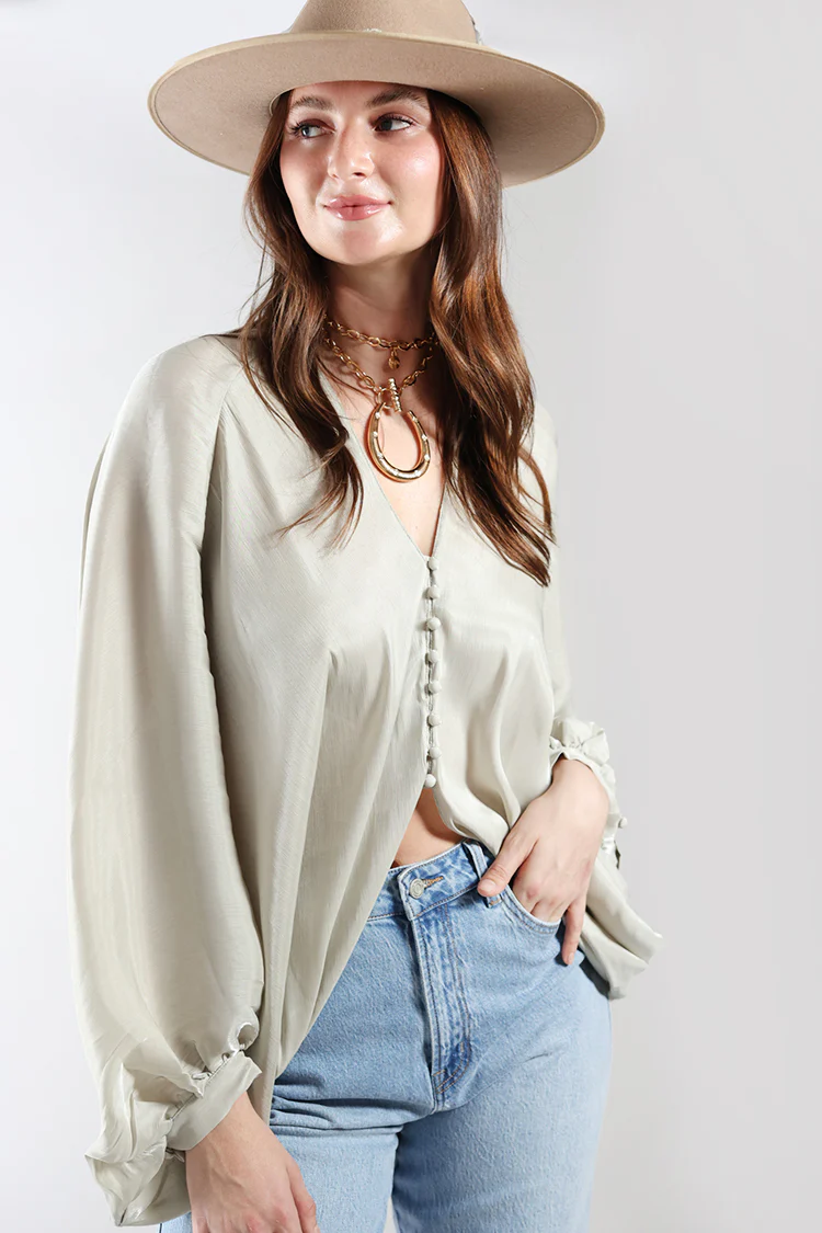 Satin V-Neck Puff Sleeve Blouse