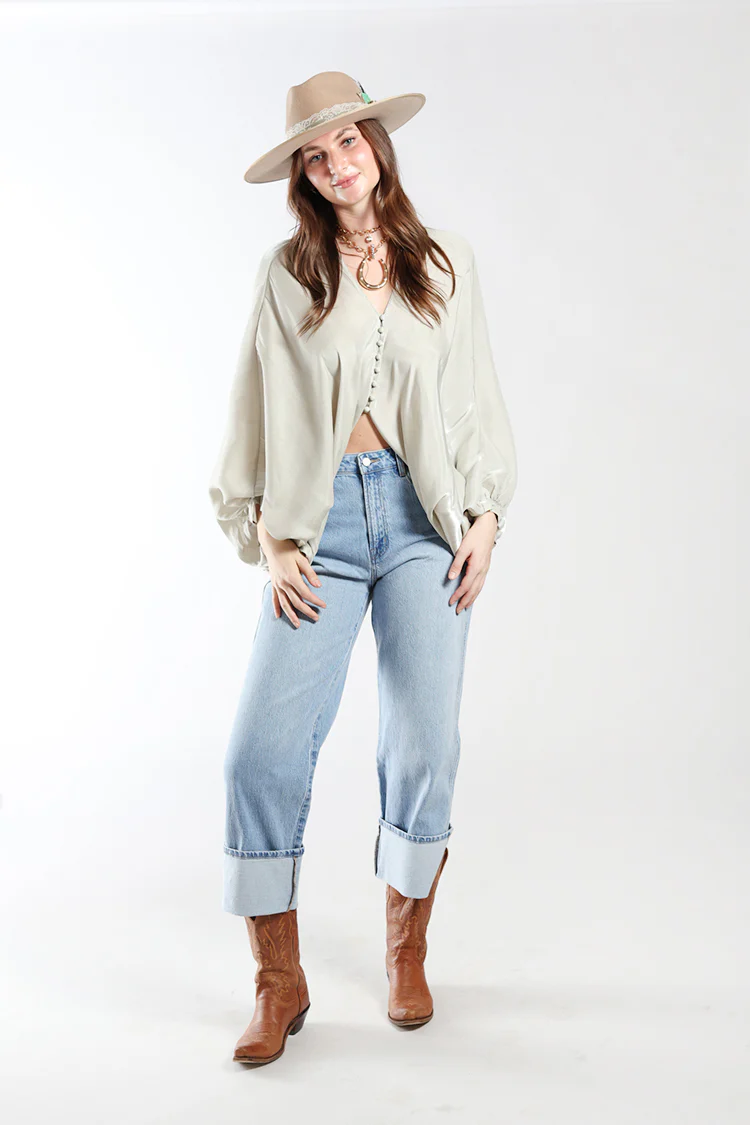 Satin V-Neck Puff Sleeve Blouse - Image 4