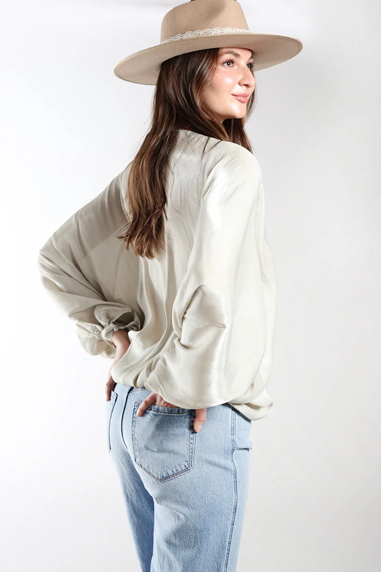 Satin V-Neck Puff Sleeve Blouse - Image 5