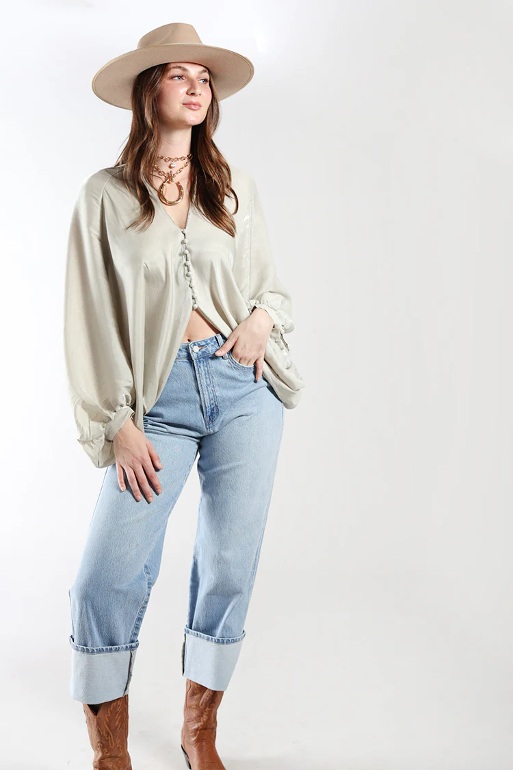Satin V-Neck Puff Sleeve Blouse - Image 6