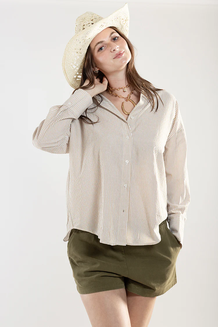 Striped Oversized Button Down - Taupe/White