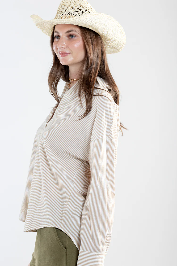 Striped Oversized Button Down - Taupe/White - Image 2