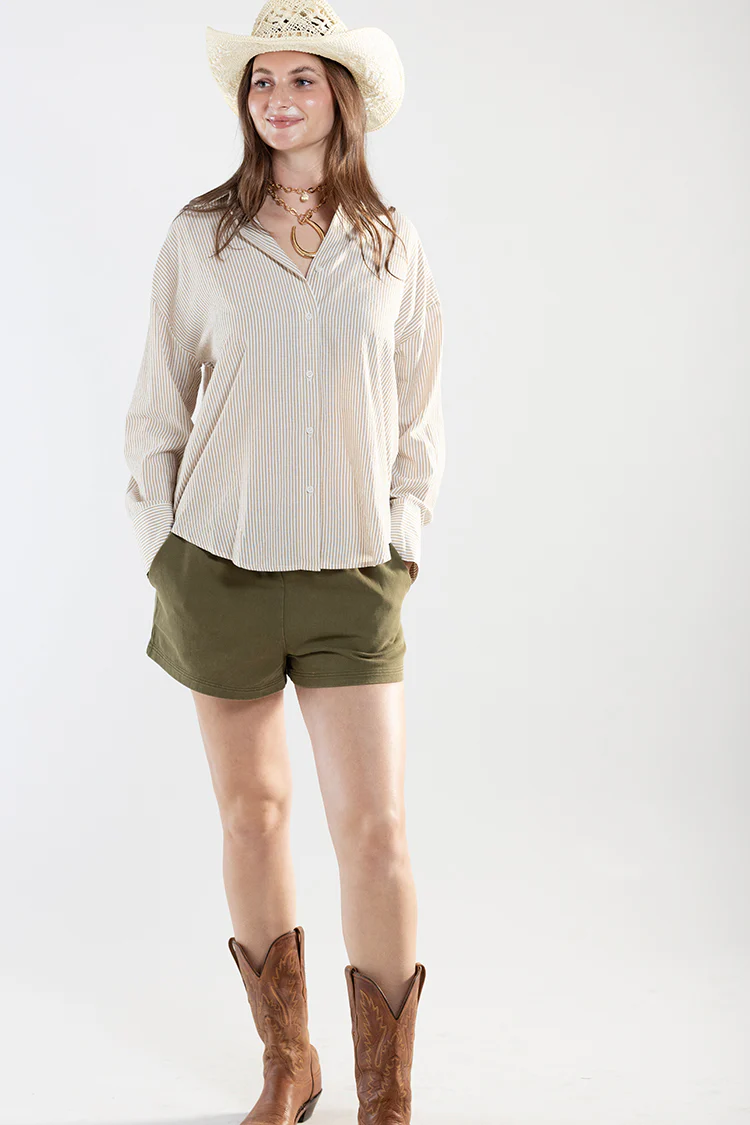 Striped Oversized Button Down - Taupe/White - Image 3