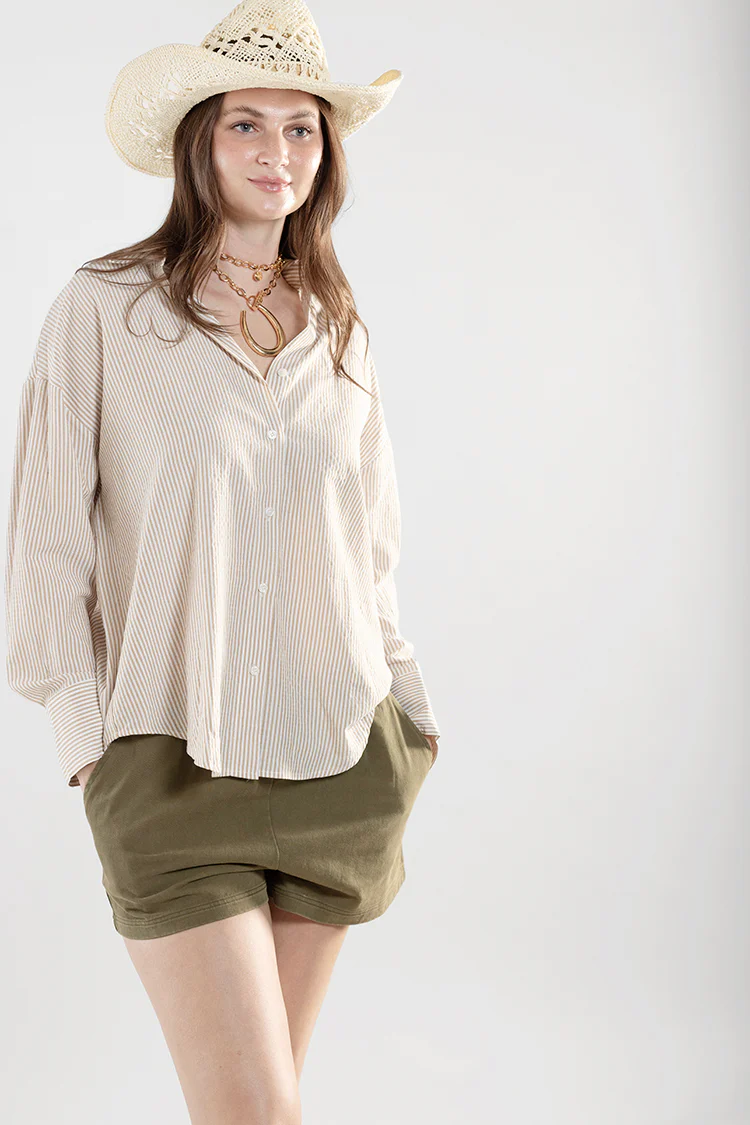 Striped Oversized Button Down - Taupe/White - Image 5