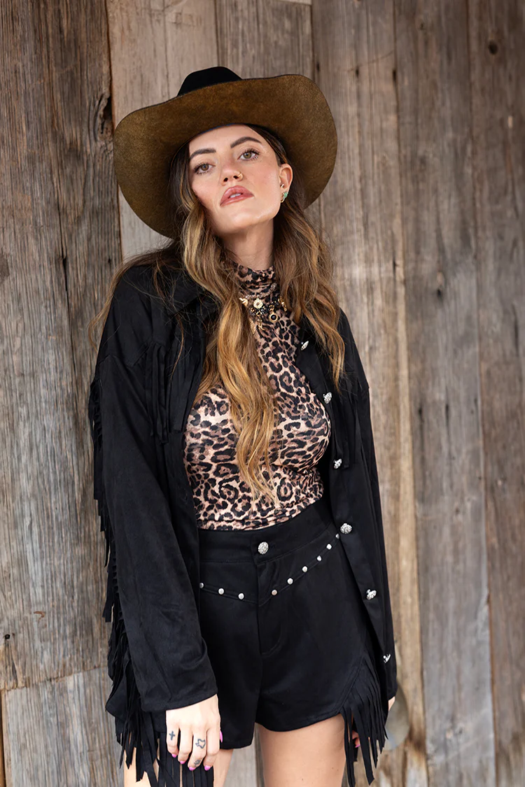 Suede Western Shorts with Fringe Detail - Black - Image 3