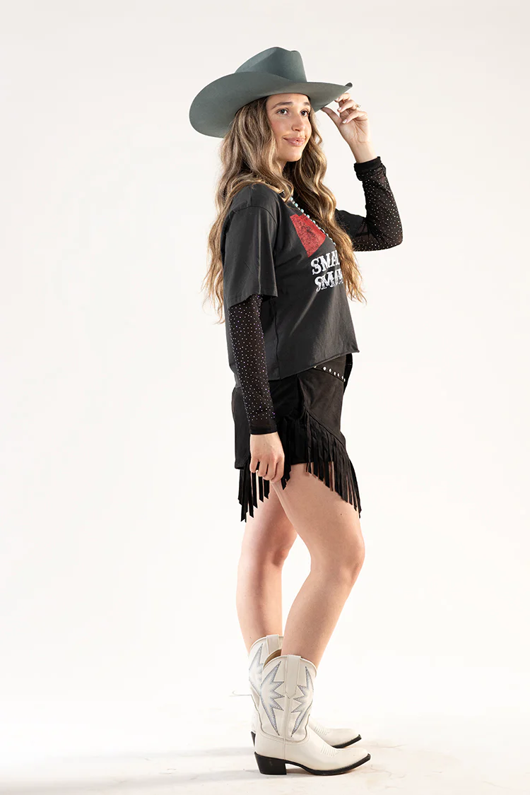 Suede Western Shorts with Fringe Detail - Black - Image 8