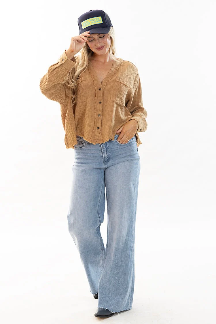 Tan Cotton Gauze Button Down Shirt