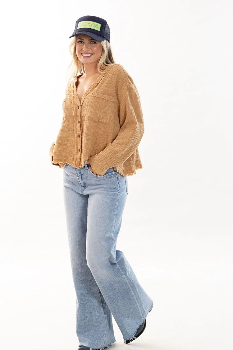 Tan Cotton Gauze Button Down Shirt - Image 3