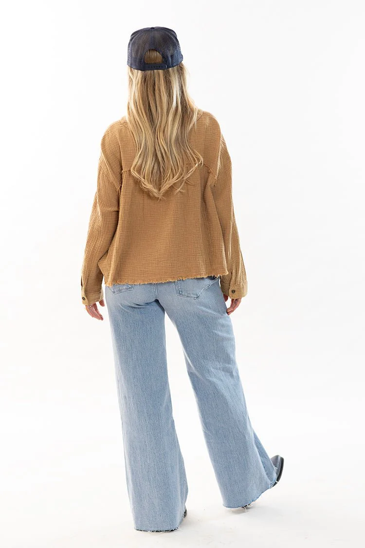 Tan Cotton Gauze Button Down Shirt - Image 5