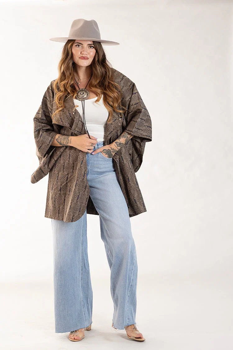 Taupe and Blue Tiny Diamond Printed Kimono