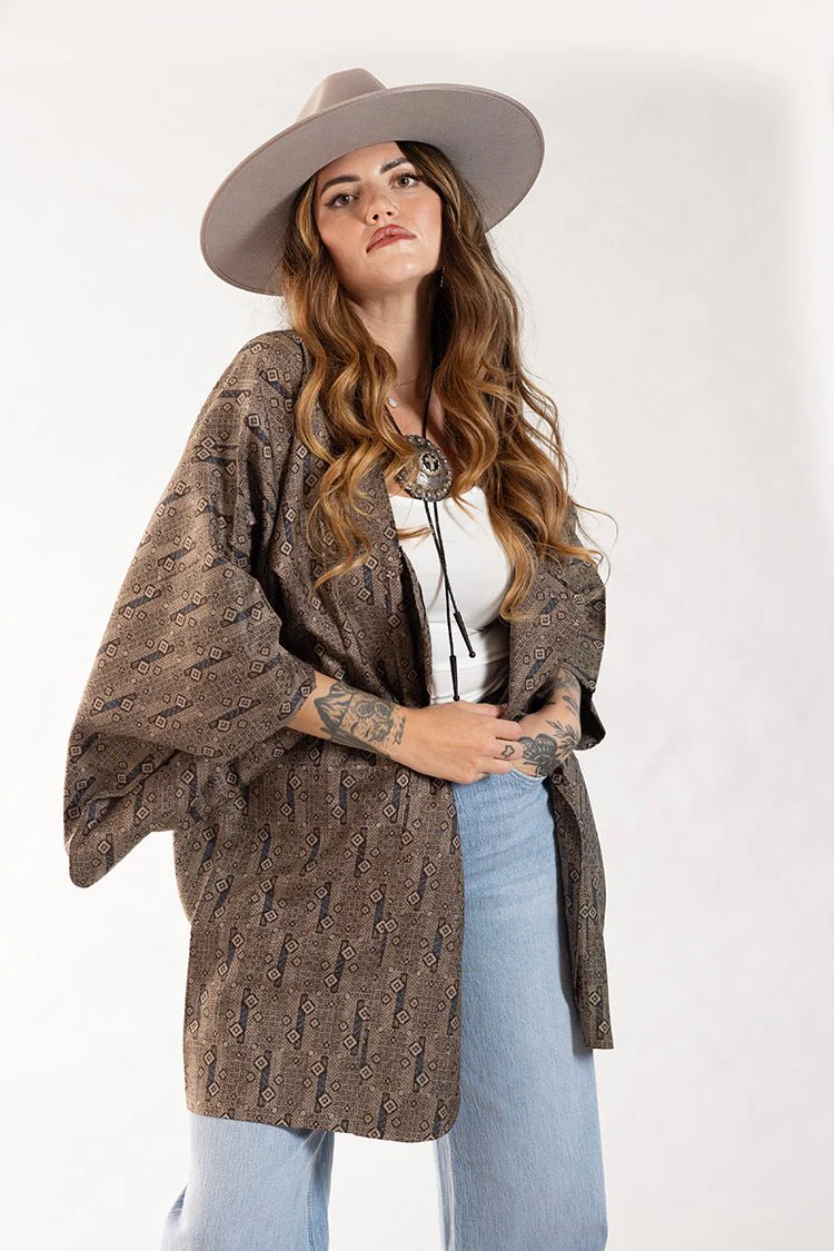 Taupe and Blue Tiny Diamond Printed Kimono - Image 2