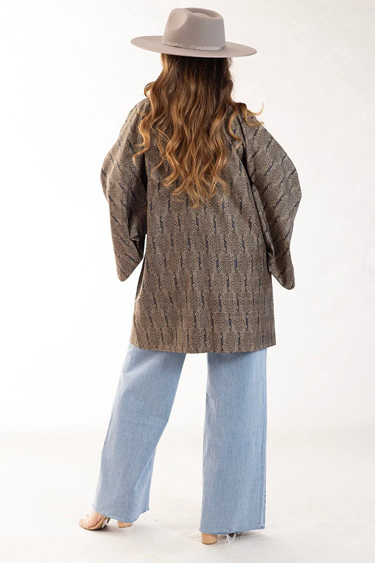 Taupe and Blue Tiny Diamond Printed Kimono - Image 4