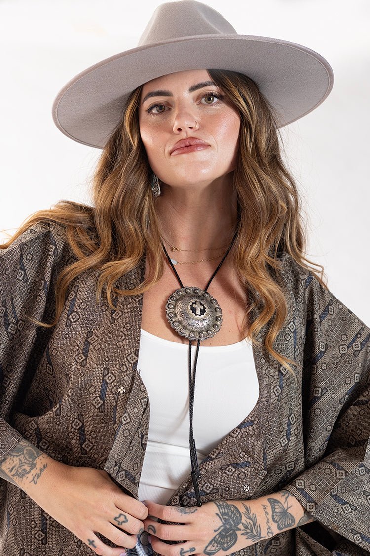Taupe and Blue Tiny Diamond Printed Kimono - Image 5