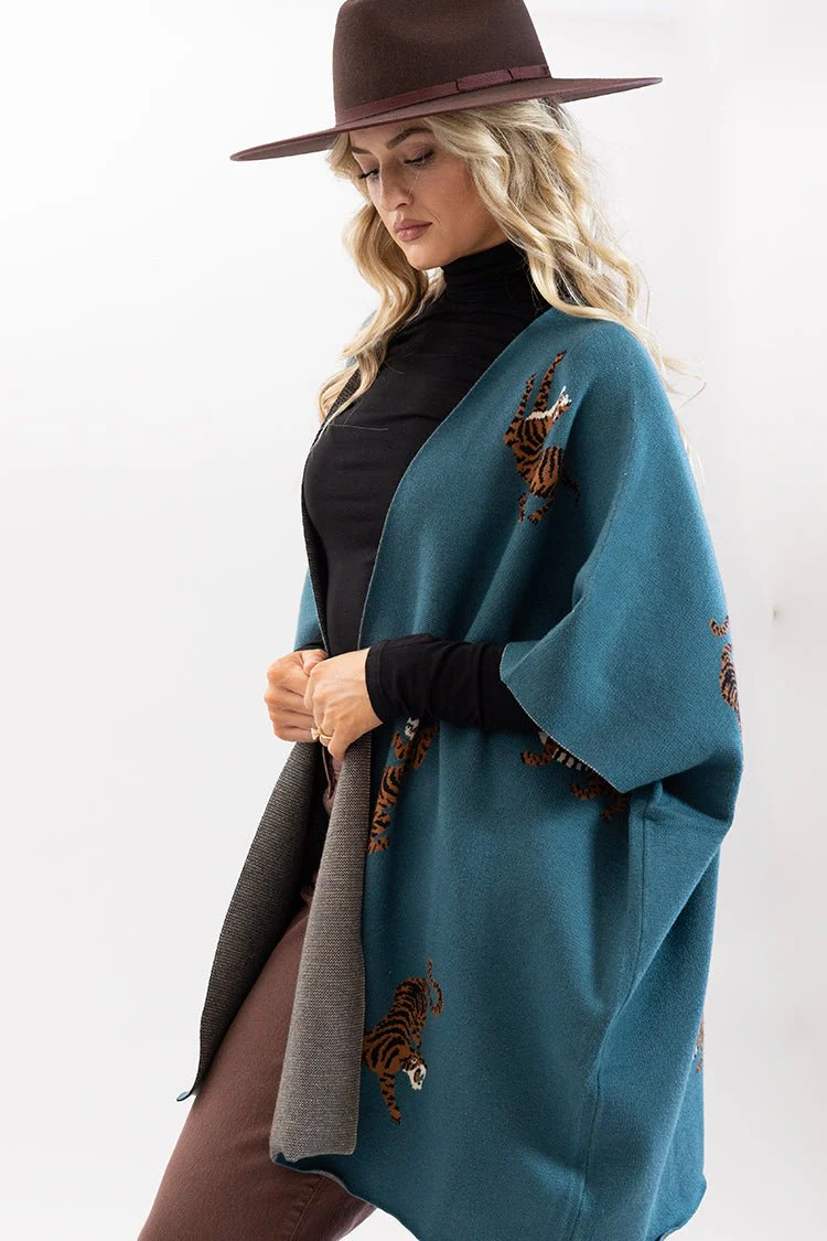 Teal Tiger Print Poncho - Image 3