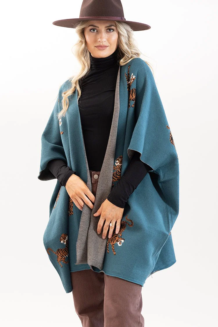Teal Tiger Print Poncho - Image 4