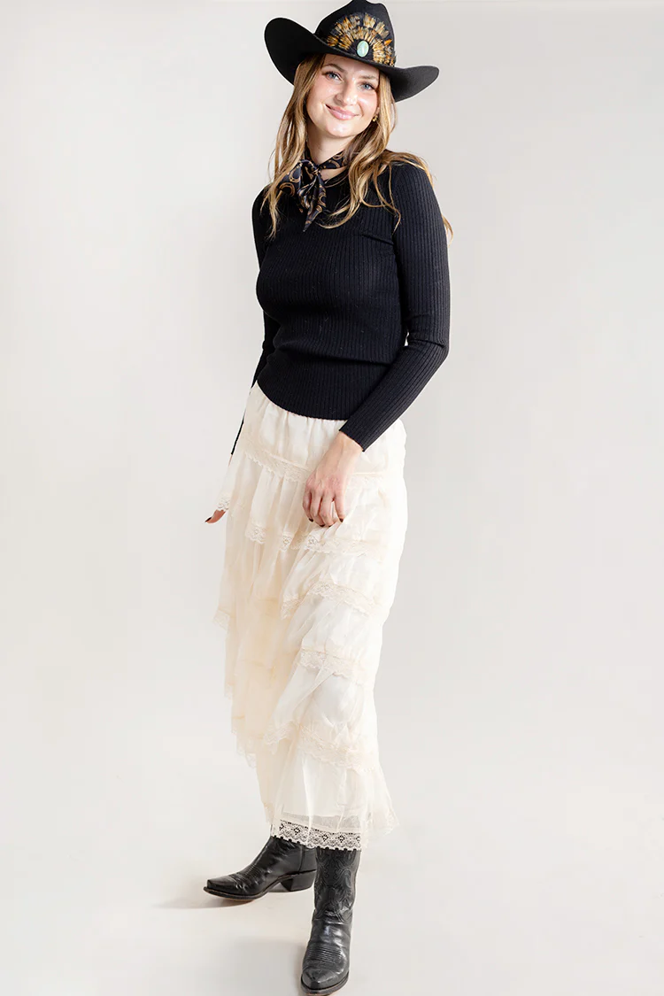 Tiered Chiffon Lace Midi Skirt - Ivory - Image 3