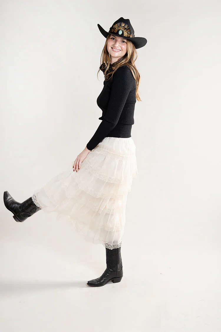 Tiered Chiffon Lace Midi Skirt - Ivory - Image 7