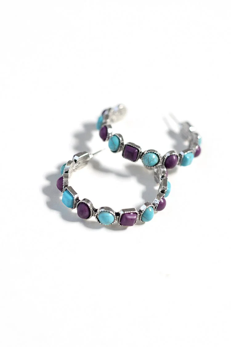 Turquoise and Plum Stone Hoop Earrings - Image 4