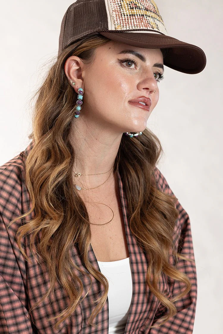 Turquoise and Plum Stone Hoop Earrings - Image 5