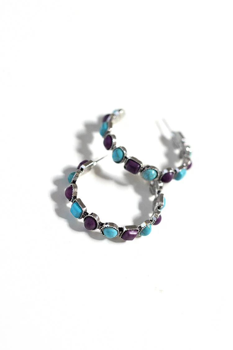 Turquoise and Plum Stone Hoop Earrings - Image 6