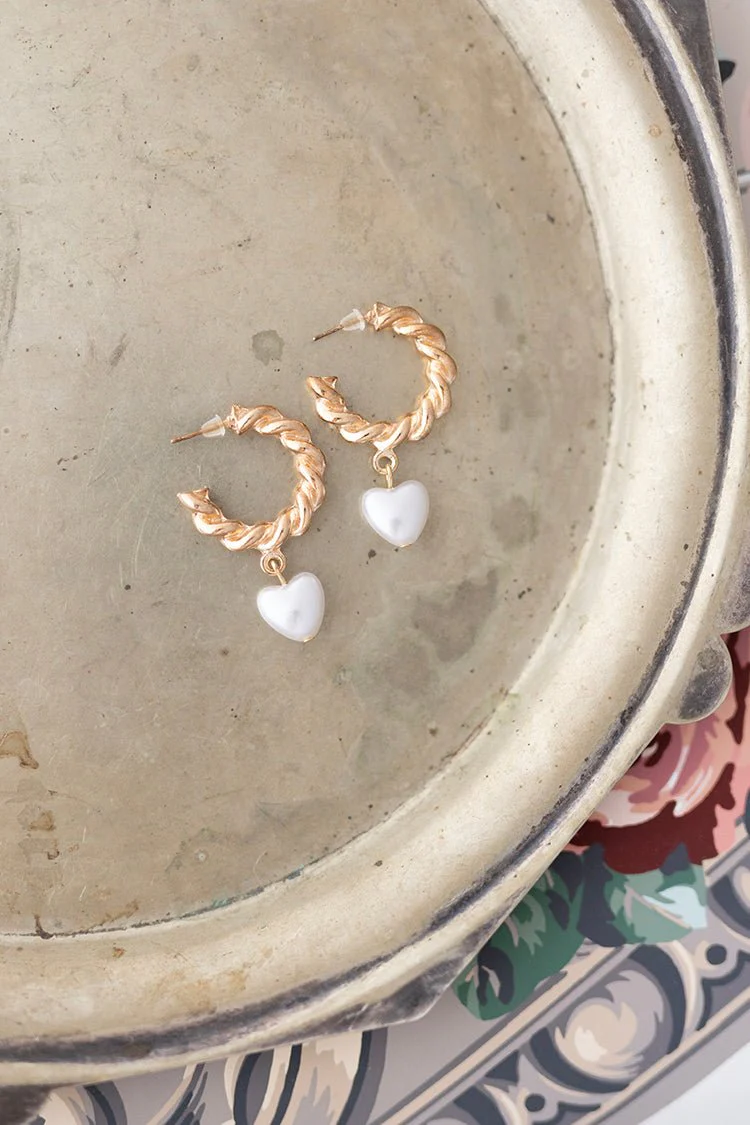 Twisted Gold Hoops with Pearl Hearts - Image 3