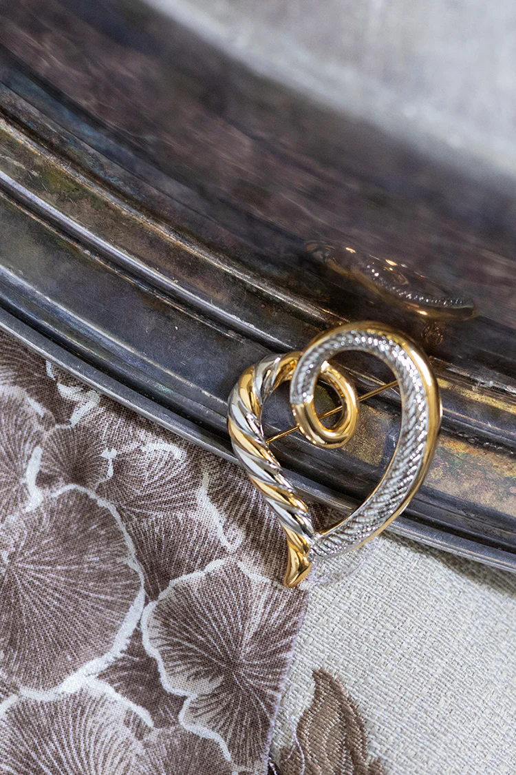 Vintage Gold and Silver Asymmetrical Twist Heart Brooch