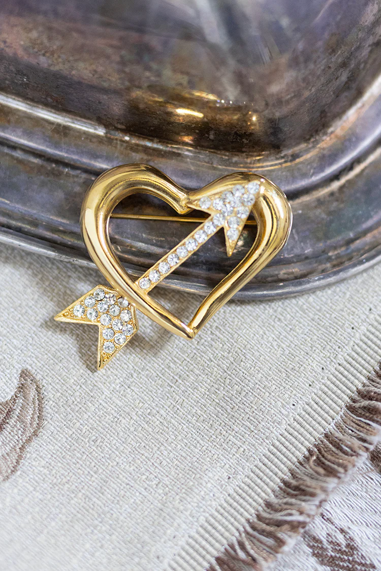 Vintage Gold Heart with Rhinestone Arrow Brooch