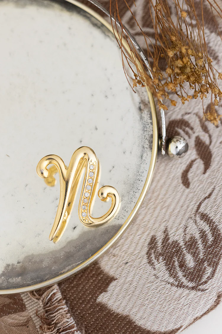 Vintage Thick Gold Rhinestone "N" Brooch