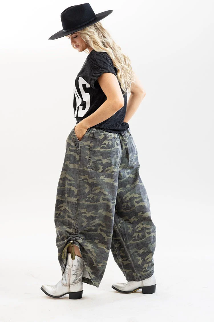 Washed Camo Pants with Ruched Ankle