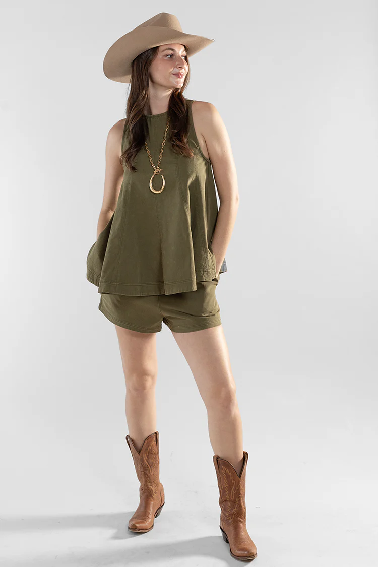 Washed Elastic Waist Shorts - Olive - Image 5