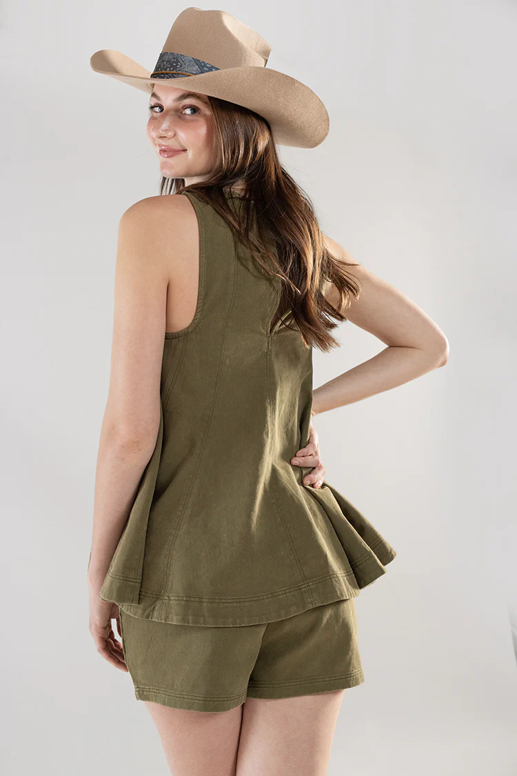 Washed Elastic Waist Shorts - Olive - Image 6