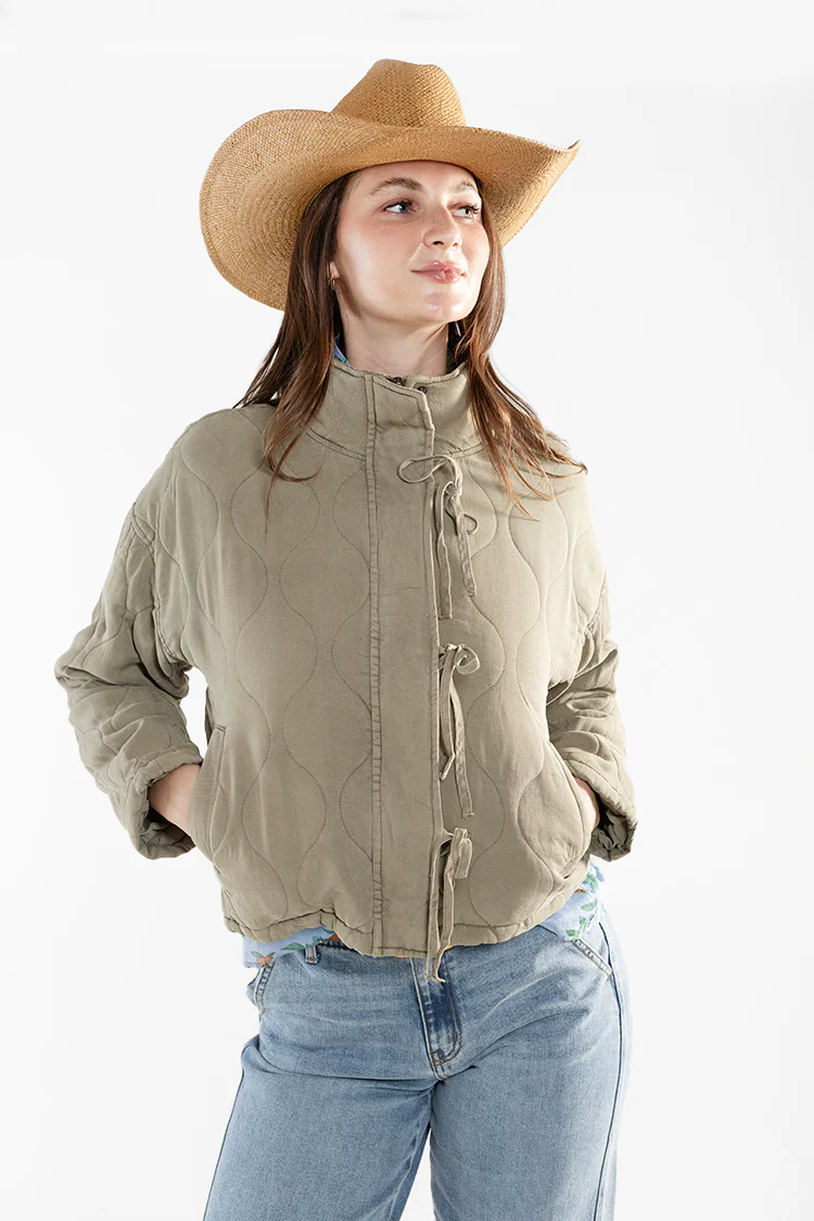 Washed Quilted Front Tie Puffer Jacket