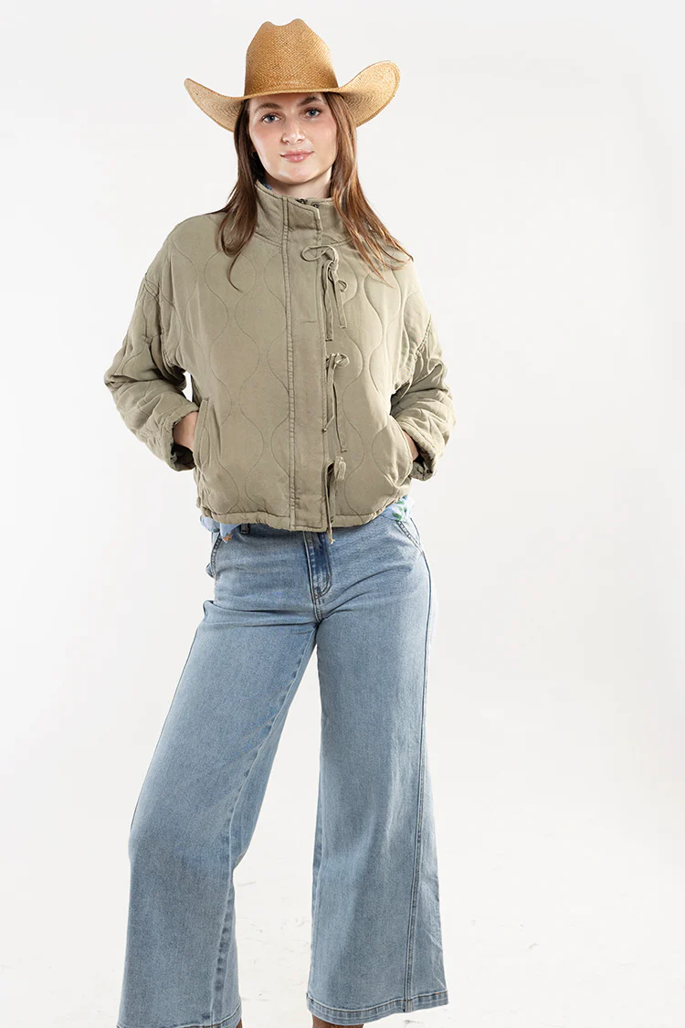 Washed Quilted Front Tie Puffer Jacket - Image 3
