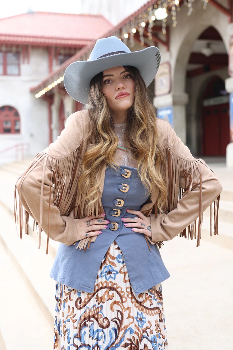 Western Buckle Strapless Top - Dusty Blue - Image 2