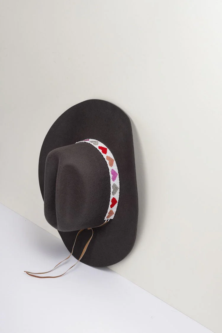 White Beaded Hat Band with Pink Hearts - Image 3