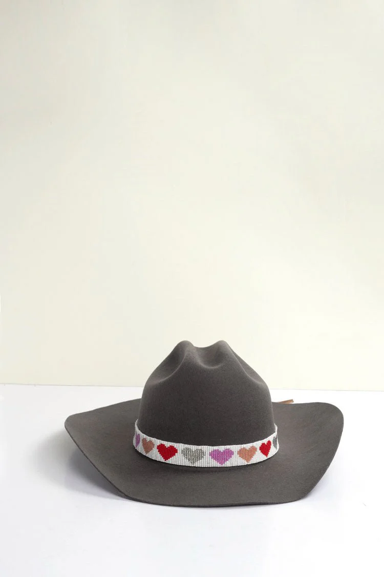 White Beaded Hat Band with Pink Hearts - Image 4